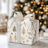 Watercolor Christmas Tree Gift Wrap, Rustic Pine Tree Wrapping Paper, Gold Star Holiday Wrapping Paper, Winter Present Wrapping Paper
