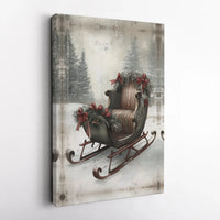 Snowy Winter Forest Print, Vintage Christmas Sleigh Canvas Wall Art, Rustic Holiday Tree Painting Poster, Xmas Decor, Digital Download