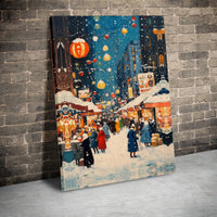 Winter Village Christmas Canvas Print, Snowy Christmas Market Canvas Art, Holiday Night Market Canvas Decor, Comfy Seasonal Home Wall Decor