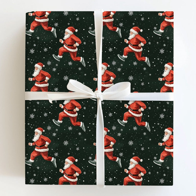 Jogging Santa Claus Gift Wrap, Running Santa Christmas Wrapping Paper, Green Snowflake Wrapping Paper, Fitness Lover Holiday Wrapping Paper
