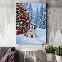 Puppy by Snowy Christmas Tree Print, Schnauzer Christmas Canvas Wall Art, Winter Dog Holiday Canvas, Festive Schnauzer Wall Decor