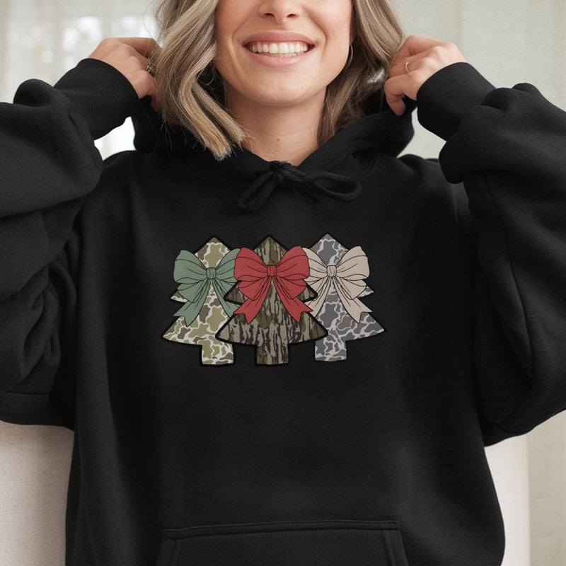 Coquette Bow Holiday Sweatshirt, Camo Christmas Tree Hoodie, Camouflage Tree Pullover, Outdoorsy Hunting Christmas Hooded Sweater for Women