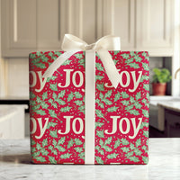 Red Holly Berry Gift Wrap, JOY Christmas Wrapping Paper, Festive Holiday Wrapping Paper, Xmas Gift Wrap Roll, Winter Present Wrapping Paper