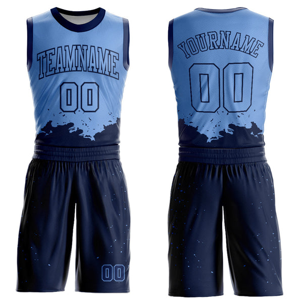 Custom Light Blue Navy Color Splash Round Neck Sublimation Basketball Uniform Jersey