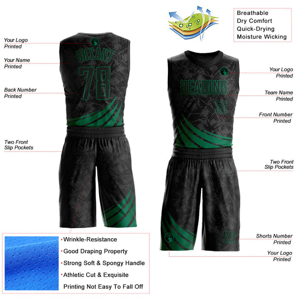 Custom Black Kelly Green Wind Shapes Round Neck Sublimation Basketball Uniform Jersey