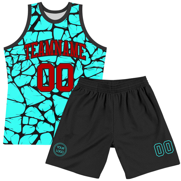Custom Aqua Red-Black Abstract Network Round Neck Sublimation Basketball Set Jersey