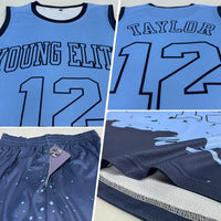 Custom Light Blue Navy Color Splash Round Neck Sublimation Basketball Uniform Jersey