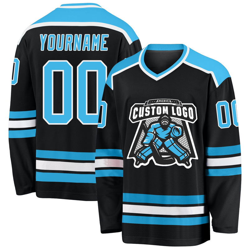 Custom Hockey Jersey - Black Sky Blue-White