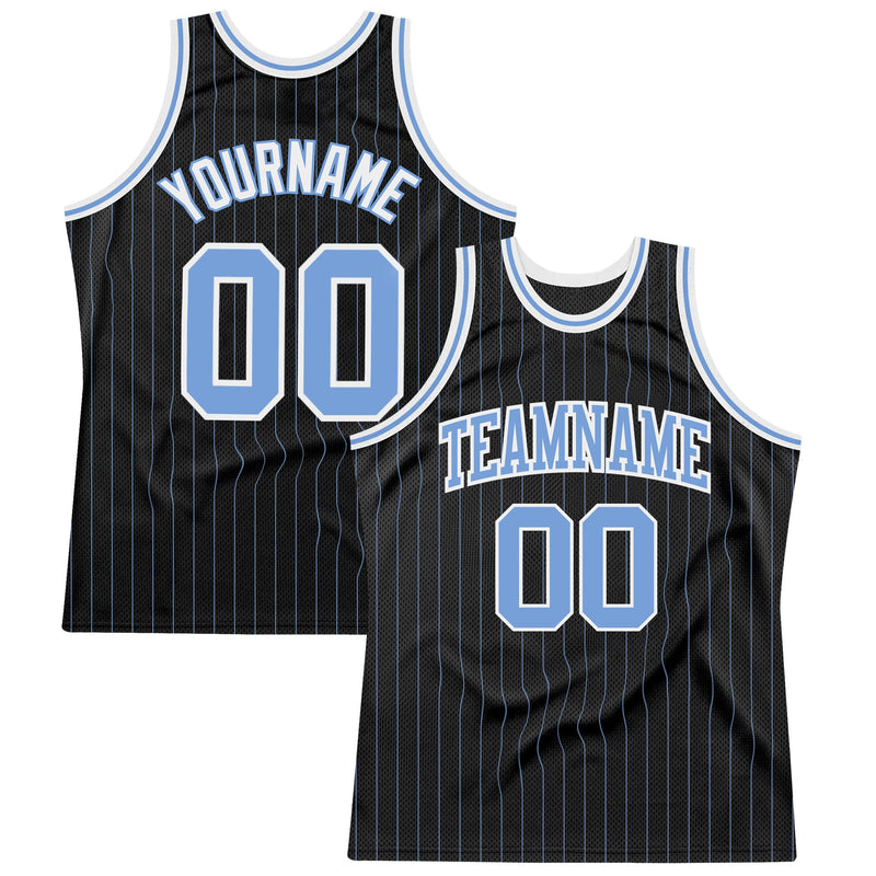 Custom Basketball Jersey - Black Light Blue Pinstripe Light Blue-White Authentic