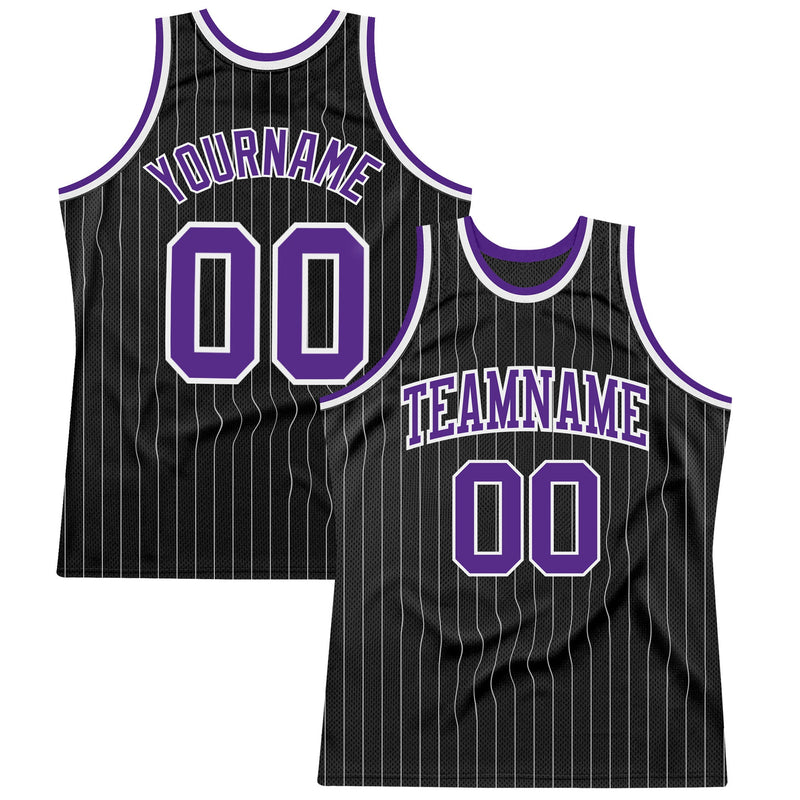 Custom Basketball Jersey - Black White Pinstripe Purple-White Authentic