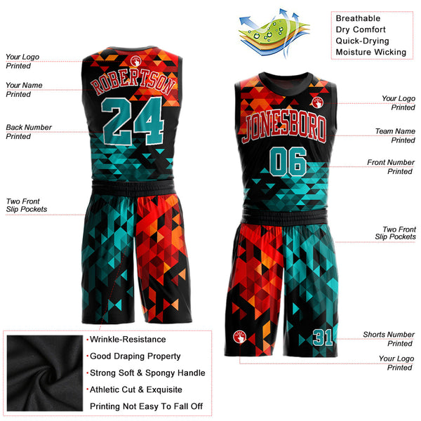 Custom Figure Aqua-Red Round Neck Sublimation Basketball Uniform Jersey