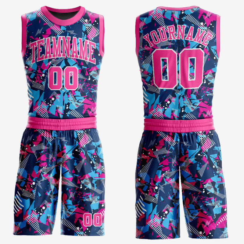 Custom Figure Pink-Light Blue Round Neck Sublimation Basketball Uniform Jersey