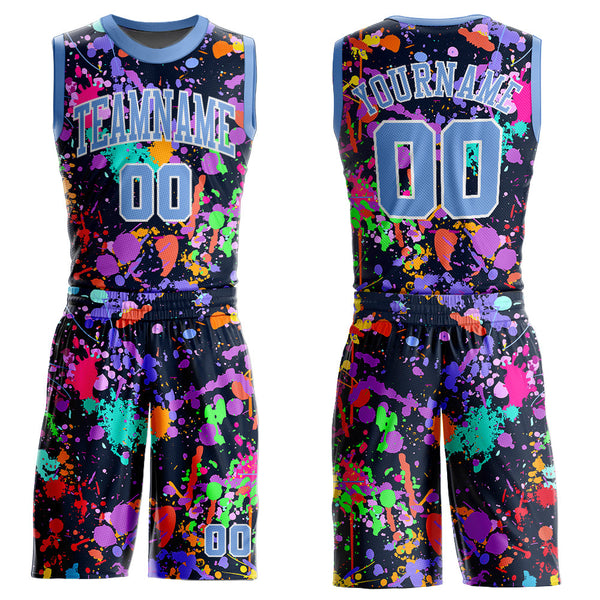 Custom Graffiti Pattern Light Blue-White Round Neck Sublimation Basketball Uniform Jersey