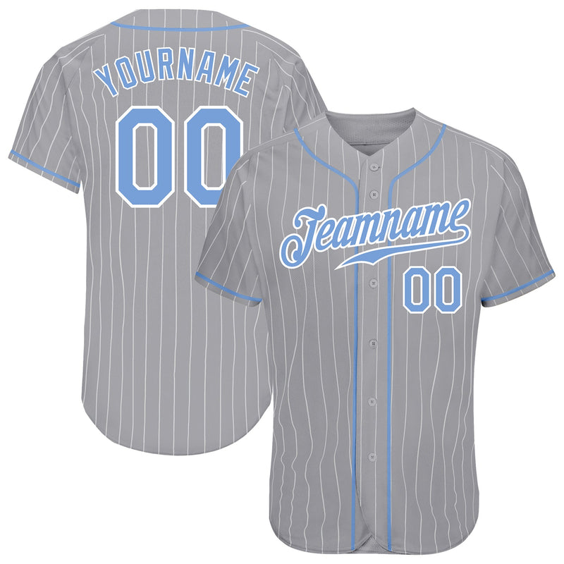 Custom Gray White Pinstripe Light Blue-White Authentic Baseball Jersey