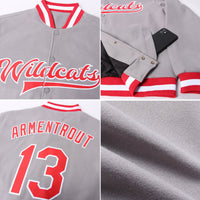 Custom Gray Red-White Bomber Full-Snap Varsity Letterman Jacket