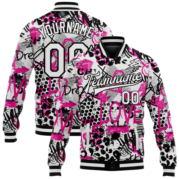 Custom Graffiti Pattern White-Black Scratch 3D Bomber Full-Snap Varsity Letterman Jacket