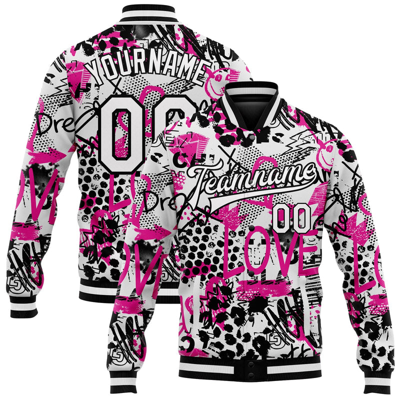 Custom Graffiti Pattern White-Black Scratch 3D Bomber Full-Snap Varsity Letterman Jacket