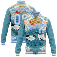 Custom Light Blue White Heron And Cloud 3D Pattern Design Bomber Full-Snap Varsity Letterman Jacket