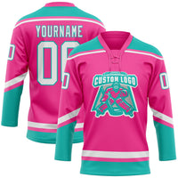 Custom Pink White-Aqua Hockey Lace Neck Jersey