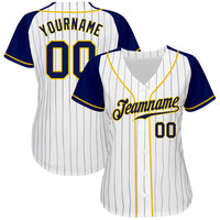 Custom Baseball Jersey - White Navy Pinstripe Navy-Gold Authentic Raglan Sleeves