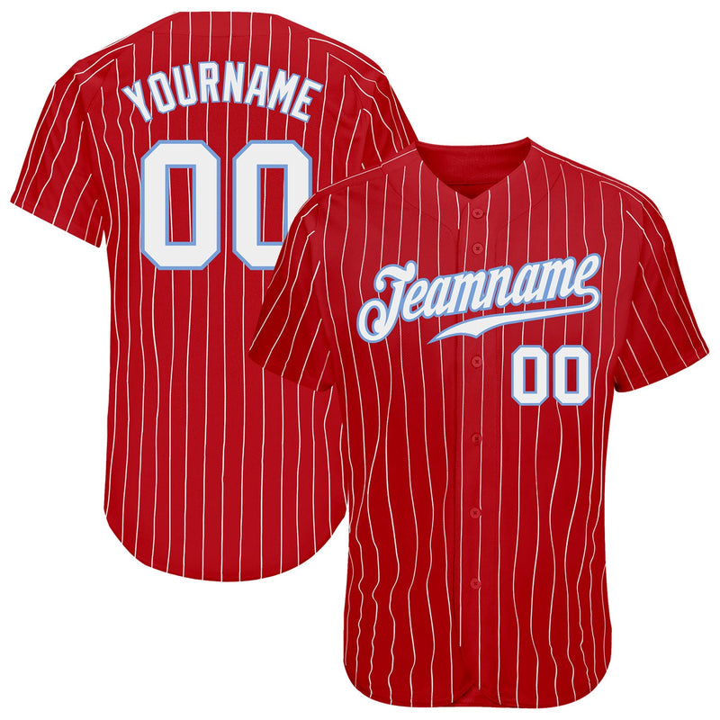 Custom Baseball Jersey - Red White Pinstripe White-Light Blue Authentic