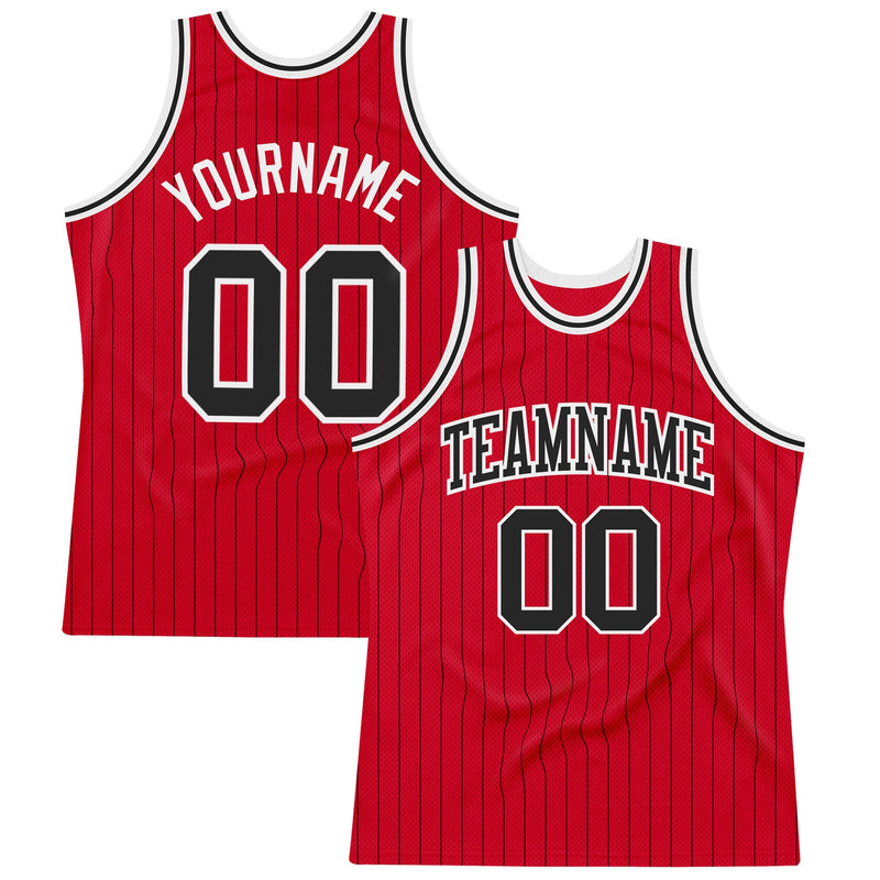 Custom Basketball Jersey - Red Black Pinstripe Black-White Authentic