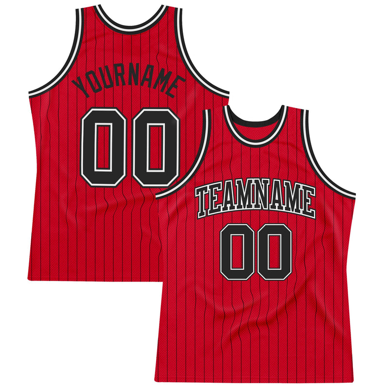 Custom Basketball Jersey - Red Black Pinstripe Black-White Authentic
