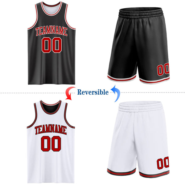 Custom Reversible Black Red-White Double Side Sublimation Basketball Set Jersey