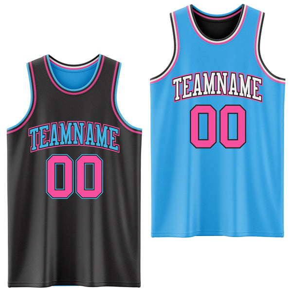Custom Reversible Black Pink-Sky Blue Double Side Sublimation Basketball Set Jersey