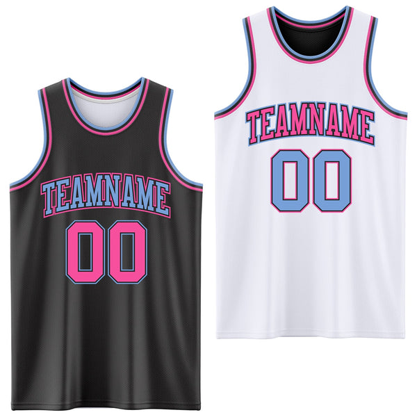 Custom Reversible Black Pink-Light Blue Double Side Sublimation Basketball Set Jersey