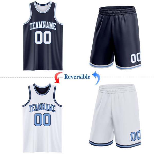 Custom Navy White-Light Blue Reversible Double Side Sublimation Basketball Set Jersey