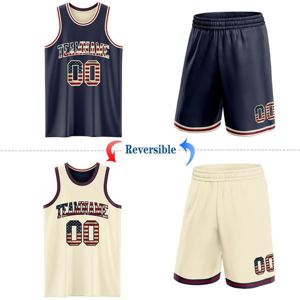 Custom Navy Vintage USA Flag Cream-Maroon Reversible Double Side Sublimation Basketball Set Jersey