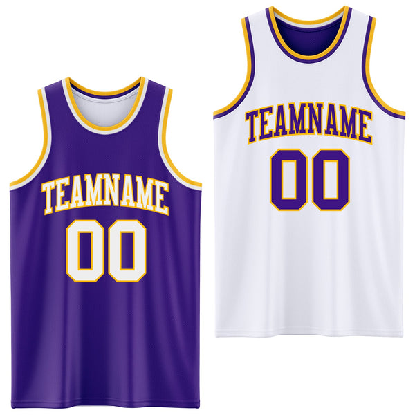 Custom Purple White-Gold Reversible Double Side Sublimation Basketball Set Jersey