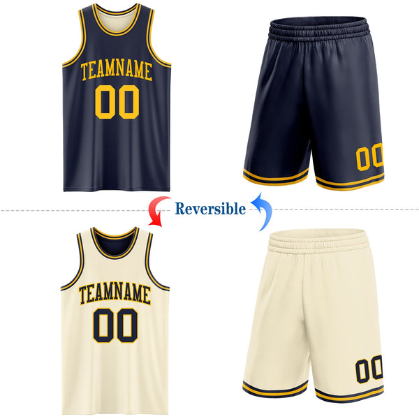 Custom Reversible Navy Gold Double Side Sublimation Basketball Set Jersey