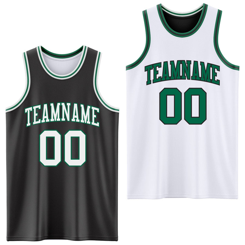 Custom Reversible Black White-Kelly Green Double Side Sublimation Basketball Set Jersey