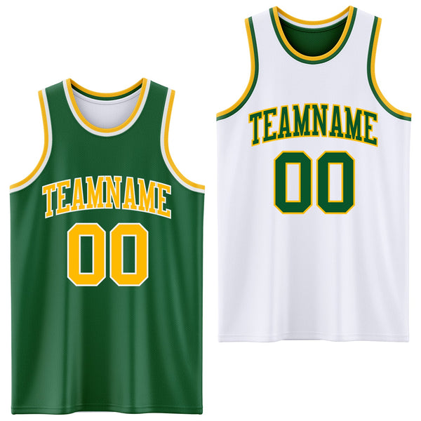 Custom Reversible Kelly Green Gold-White Double Side Sublimation Basketball Set Jersey