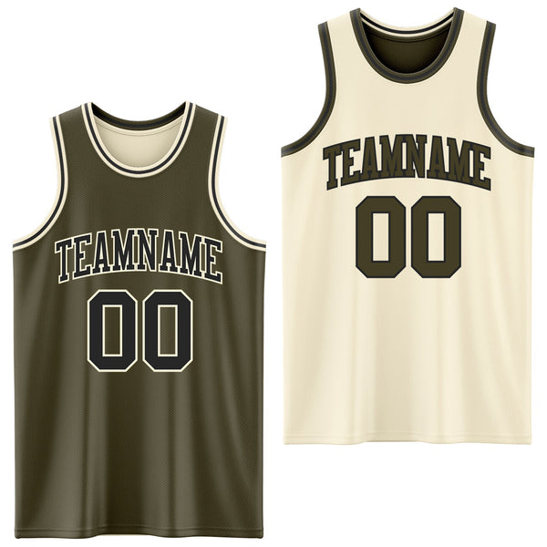 Custom Reversible Olive Black-Cream Double Side Salute To Service Sublimation Basketball Set Jersey