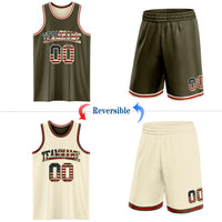 Custom Reversible Olive Vintage USA Flag Cream-Red Double Side Salute To Service Sublimation Basketball Set Jersey