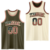 Custom Reversible Olive Vintage USA Flag Cream-Red Double Side Salute To Service Sublimation Basketball Set Jersey