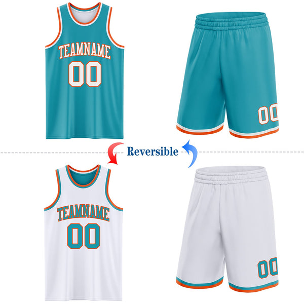 Custom Reversible Teal White-Orange Double Side Sublimation Basketball Set Jersey