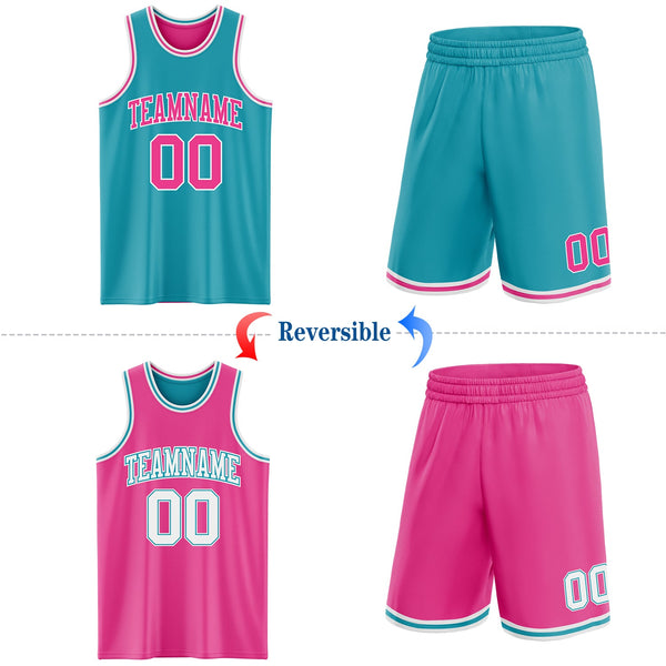 Custom Reversible Teal Pink-White Double Side Sublimation Basketball Set Jersey
