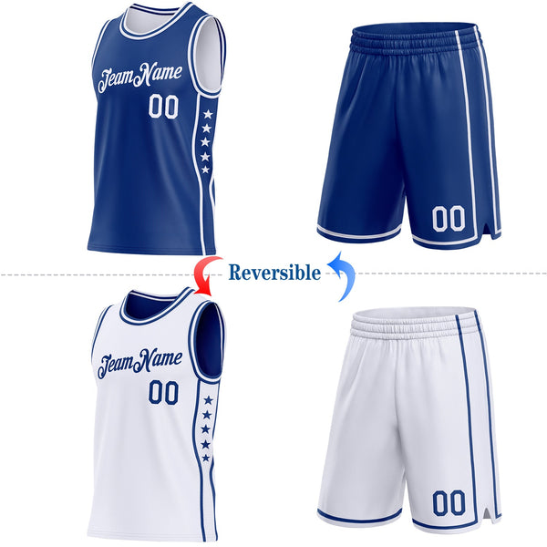 Custom Reversible Royal White Double Side Star Sublimation Basketball Set Jersey