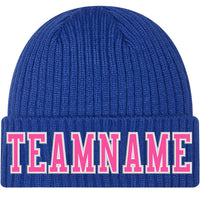 Custom Royal Pink-White Stitched Cuffed Knit Hat