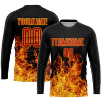 Custom Soccer Jersey - Black Red-Gold Flame Sublimation Uniform
