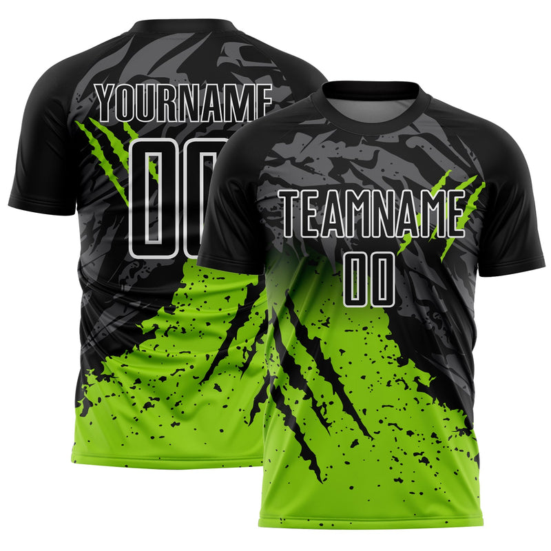Custom Black Neon Green-White Gradient Scratch Splash Sublimation Soccer Uniform Jersey