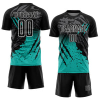Custom Black Aqua-White Gradient Scratch Splash Sublimation Soccer Uniform Jersey
