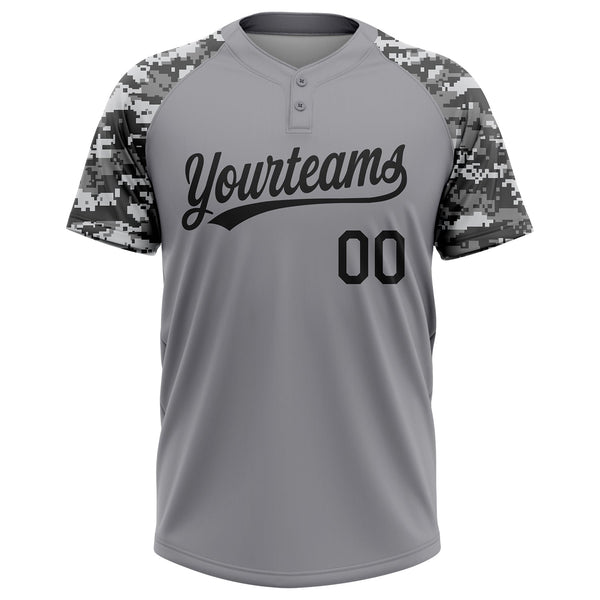 Custom Gray Black Camo Raglan Sleeves Two-Button Unisex Softball Jersey