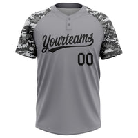 Custom Gray Black Camo Raglan Sleeves Two-Button Unisex Softball Jersey