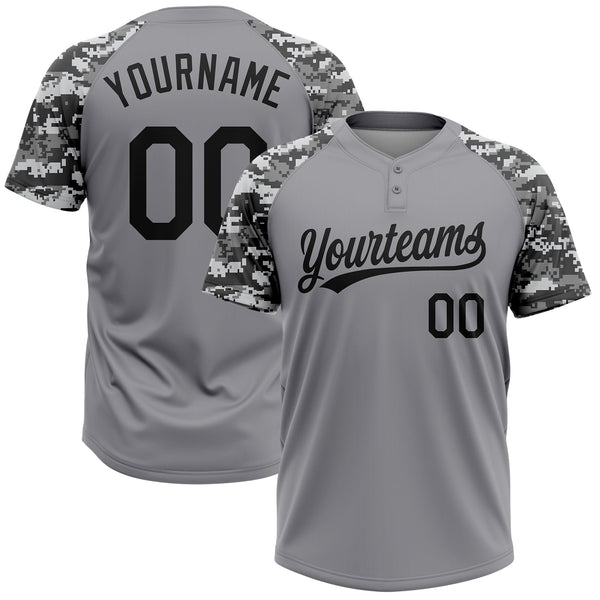 Custom Gray Black Camo Raglan Sleeves Two-Button Unisex Softball Jersey