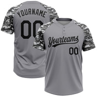 Custom Gray Black Camo Raglan Sleeves Two-Button Unisex Softball Jersey
